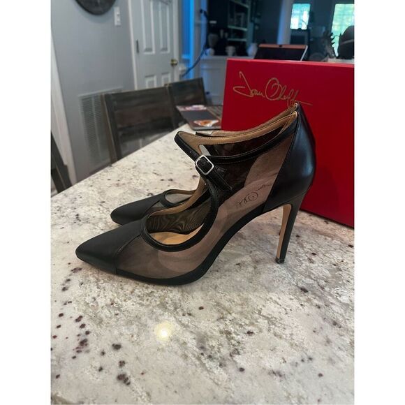 Joan Oloff Rebecca Black Leather & Mesh Ankle Strap Perfect Heel NIB Formal - Picture 3 of 8